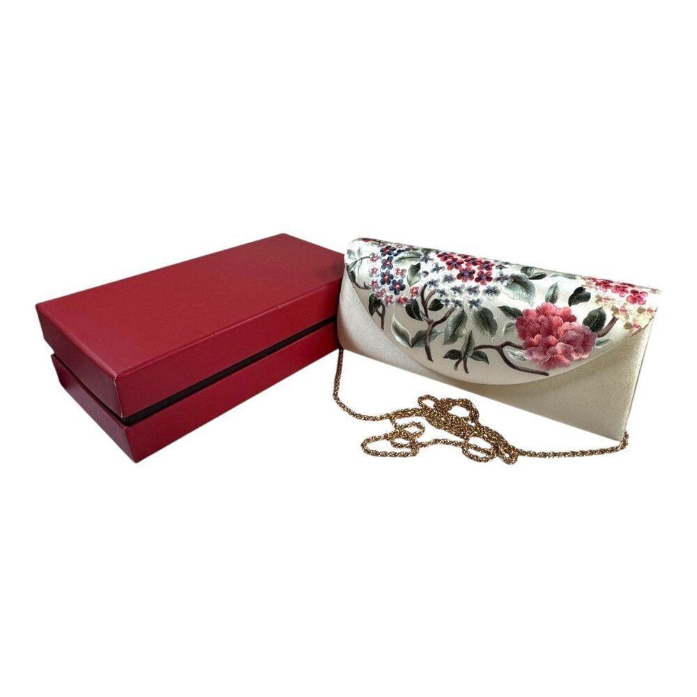 Traska Silk Floral Embroidered Clutch Purse Gold Chain Strap Satin Finish VTG